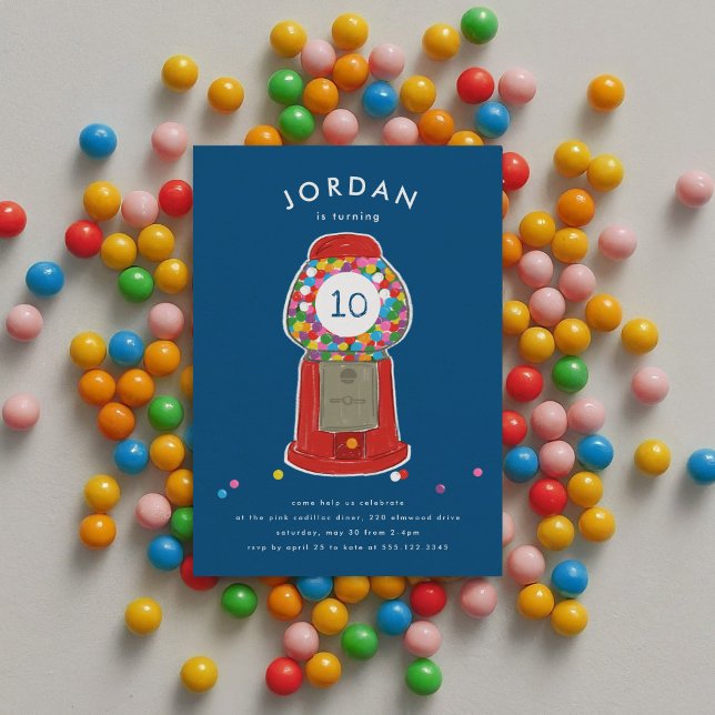 Convite Red Gumball Machine Candy Bubble Gum Aniversário (Red retro gumball candy machine kids blue birthday party invitation.)