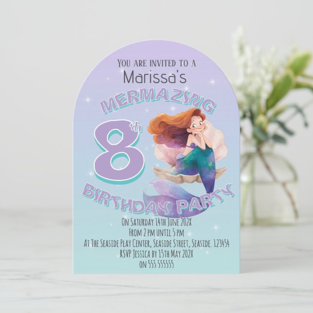 Convite Red Hair Mermaid Age Birthday Party Invitation (Em pé/Frente)