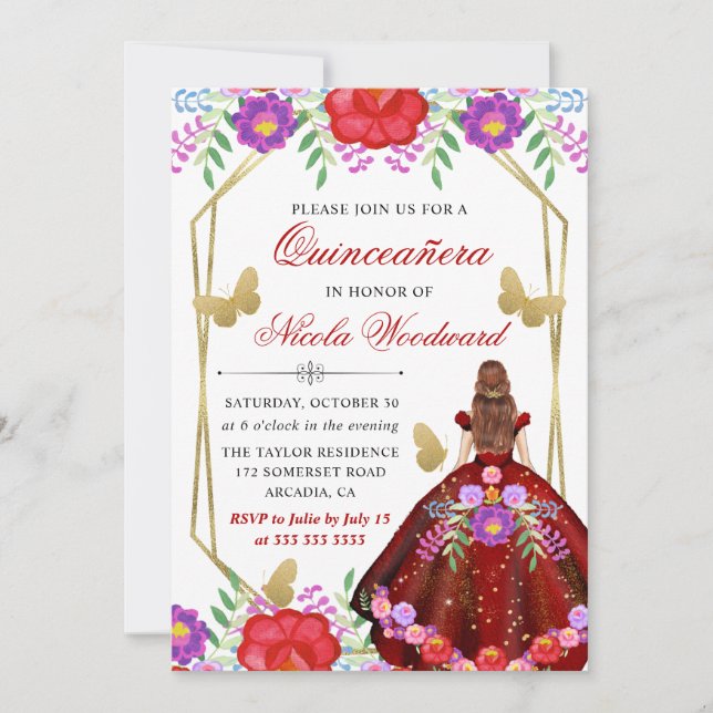Convite Red Haired in Mexico Floral Dress Quinceañera (Frente)