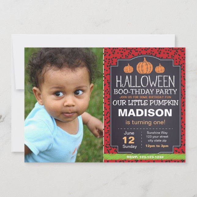 Convite Red Halloween Pumpkin Invite com foto (Frente)