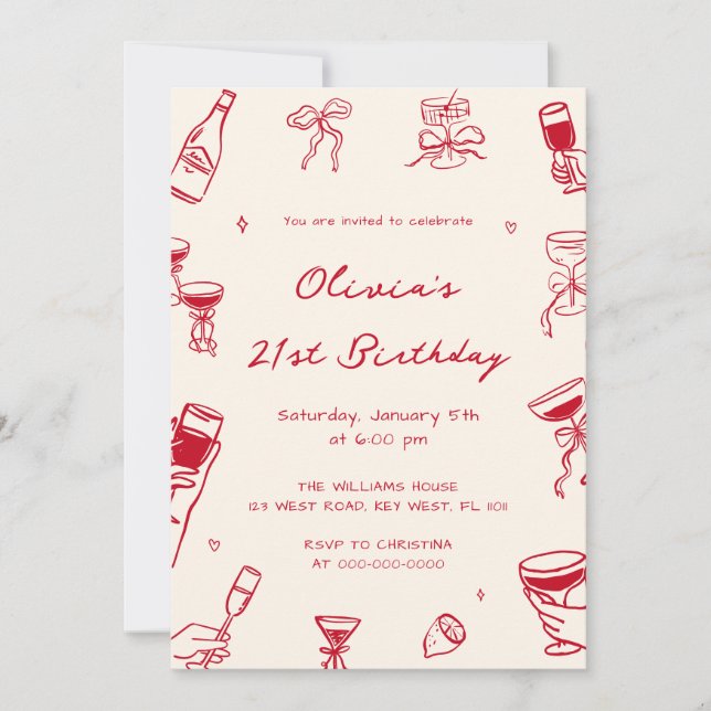 Convite Red Hand Drawn Adult Birthday Party (Frente)