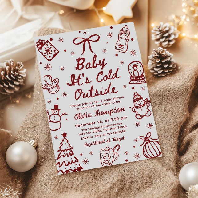 Convite Red Hand Drawn Baby It's Cold Outside Baby Shower (Criador carregado)