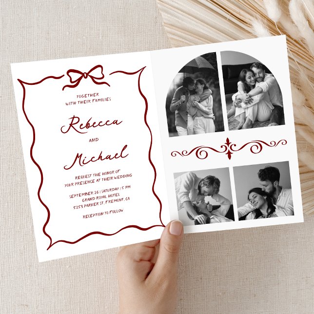 Convite Red Hand Drawn Bow QR Code Photo Wedding (Criador carregado)