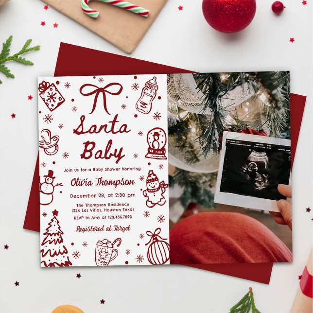 Convite Red Hand Drawn Christmas Santa Baby Shower Photo (Criador carregado)