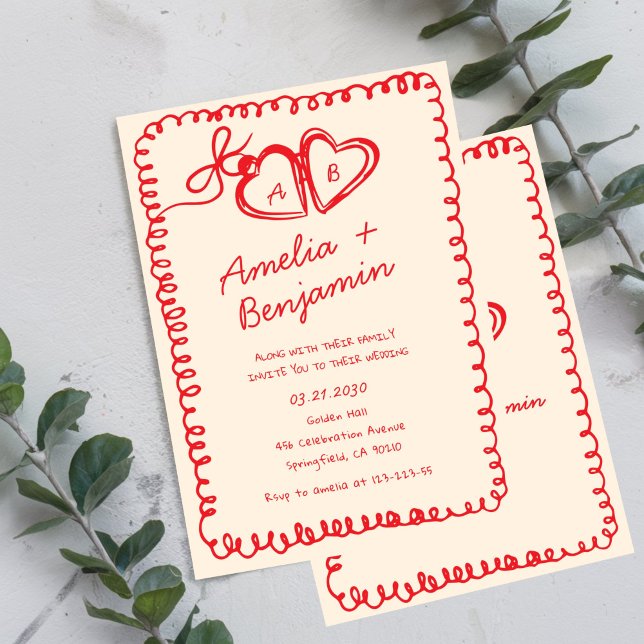 Convite red hand drawn heart Whimsical Wedding  (Criador carregado)