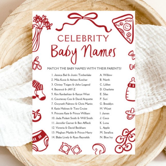 Convite Red Hand Drawn Italiana Celebrity Baby Name Game (Red Hand Drawn Italian Celebrity Baby Name Game)