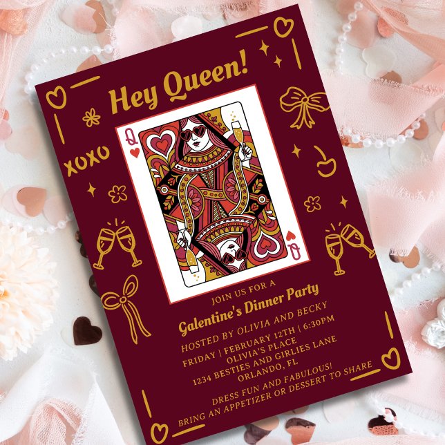 Convite Red Hand Drawn Queen Of Hearts Galentine's Party (Criador carregado)