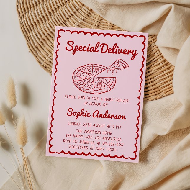 Convite Red Hand Drawn Special Delivery Pizza Baby Shower (Criador carregado)