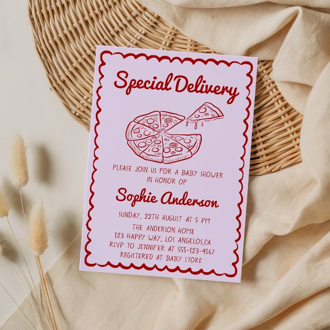 Convite Red Hand Drawn Special Delivery Pizza Baby Shower (Criador carregado)