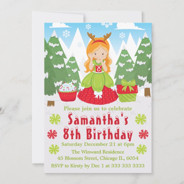 Convite Red Head Christmas Princesa Winter Scense Birthday (Frente)