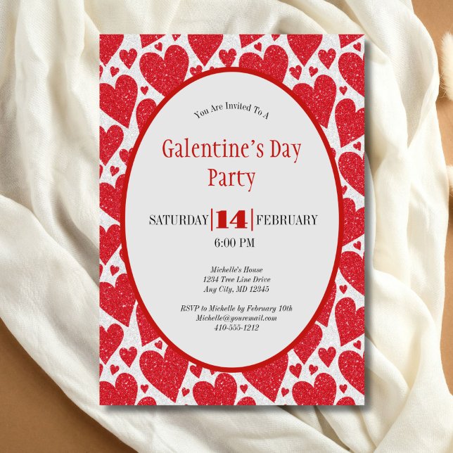 Convite Red Hearts Glitter Sparkle Galentine's Day Party (Red Hearts Glitter Sparkle Galentine's Day Valentines Day Party invitation)