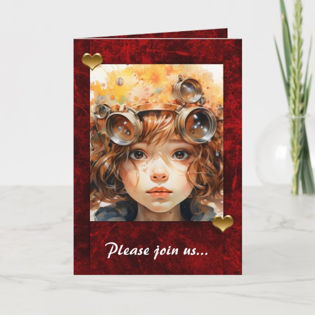 Convite Red Holiday Hearts com porta de fotos (Frente)