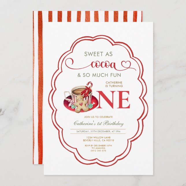 Convite Red Hot Cocoa and Cookies 1st birthday  (Frente/Verso)