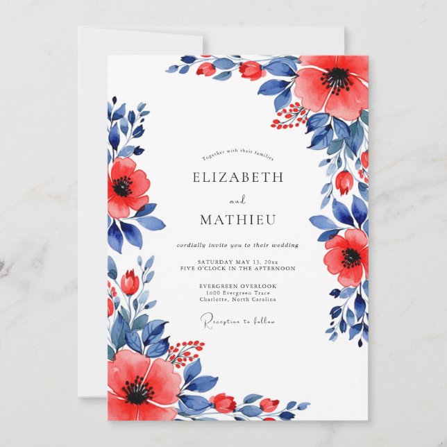 Convite Red Indigo Botanical Summer Wedding (Frente)