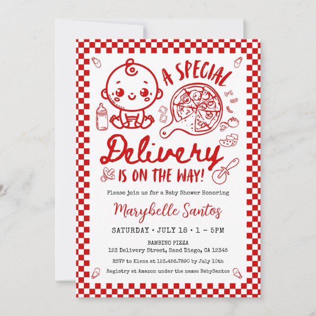 Convite Red Italian Special Delivery Baby Invitation (Frente)