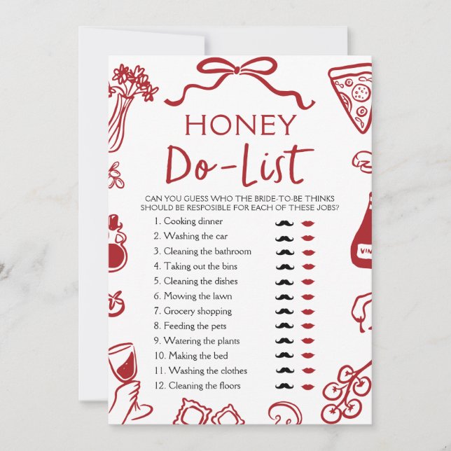 Convite Red Italiana Amore Honey Do List Game (Frente)
