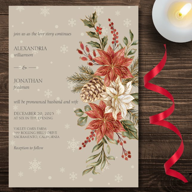 Convite Red & Ivory Poinsettias em Neve no Casamento Taupe (Criador carregado)