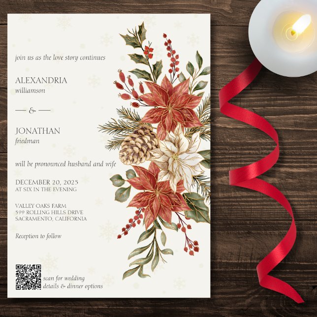 Convite Red & Ivory Poinsettias sobre Casamento com Código (Also available without QR code. )