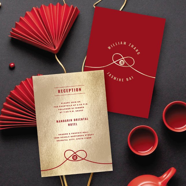 Convite Red Knot Union Double Xi Recepção de casamento Chi (Gold/Red Knot Union Double Happiness Modern Chinese Wedding Reception Invitation @ fatfatin_red_knot)