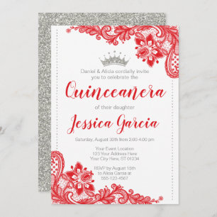 Convite Red Lace e Silver Glitter Princesa Quinceañera