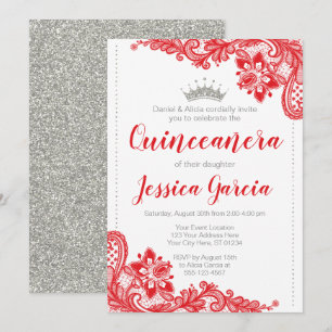 Convite Red Lace e Silver Glitter Princess Quinceañera