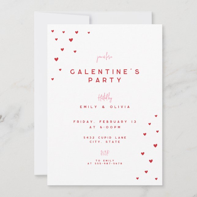 Convite Red Love Heart Valentine's Galentines Party Invite (Frente)
