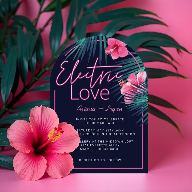 Convite Red Love Neon Pink Tropical Retro Casamento (Electric Love Neon Pink Tropical Retro Wedding Invitation)