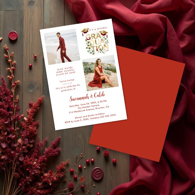 Convite Red Luxury Glitter Siblings Twins Grads TMF26 (Luxury red and gold glitter faux effect siblings graduation invitation featuring double photos.)