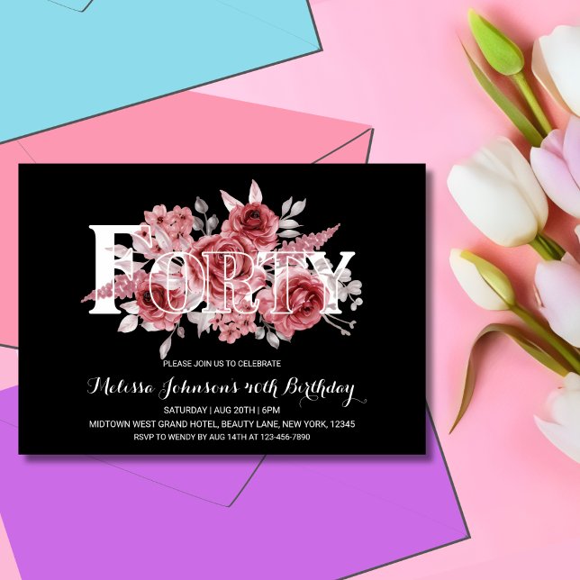 Convite Red Maroon Greenery Floral 40º Aniversário Negro (Criador carregado)