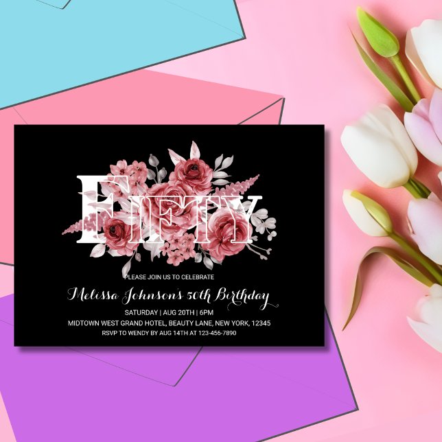 Convite Red Maroon Greenery Floral 50th Black Birthday (Criador carregado)