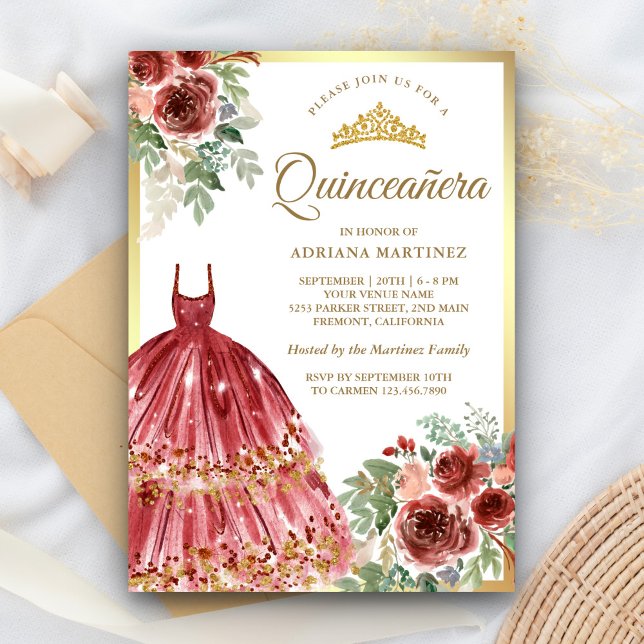 Convite Red Marsala Vestido Floral Dourado Quinceanera (Criador carregado)