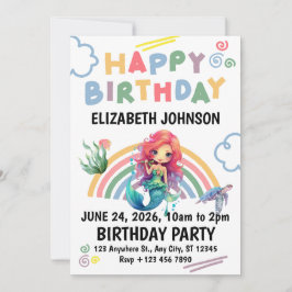 Convite Red Mermaid Birthday Invitation in White