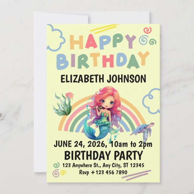 Convite Red Mermaid Birthday Invitation in Yellow (Frente)