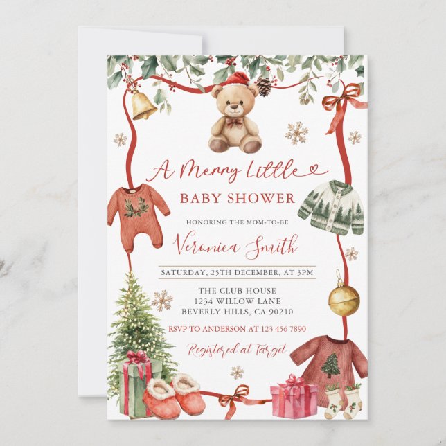 Convite Red Merry Little Winter Christmas Baby Shower Invi (Frente)
