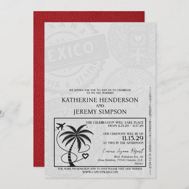 Convite Red Mexico Passport Wedding (Frente/Verso)