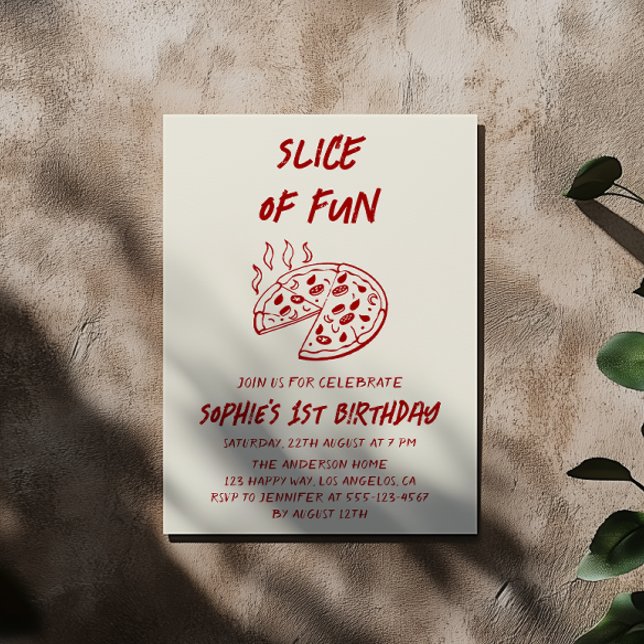 Convite Red Minimal Slice of Fun Pizza Birthday  (Criador carregado)