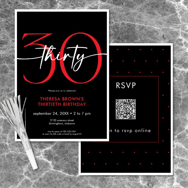 Convite Red Mínimo Moderno 30 Script Birthday QR (Modern Minimal Red Thirty Script Birthday QR Invitation)