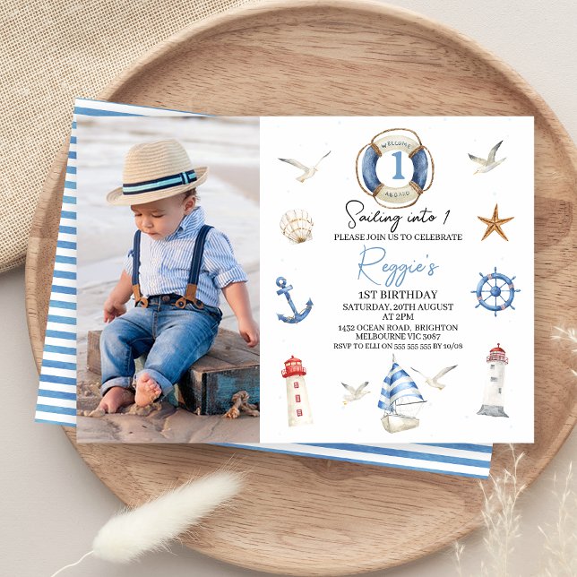 Convite Red Modern Azul Navegando em primeiro aniversario  (Nautical Sailing into One 1st Birthday Invitation Boy Sailing Boat Party Invite Editable Blue White)