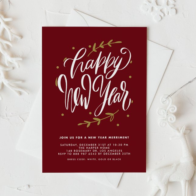 Convite Red Modern Calligraphy and Wreath New Year Party (Customizable burgundy New Year party invitation featuring modern calligraphy and foliage wreath.)