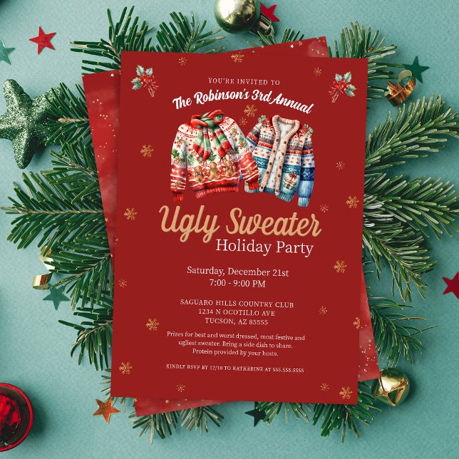 Convite Red Modern Tacky Ugly Sweater Festa de Natal (red ugly sweater christmas party invitation)