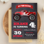 Convite Red Monster Truck Kids Birthday Party<br><div class="desc">Amaze your guests with this cool birthday party invite featuring a beautiful monster truck with modern typography against a chalkboard background. Simply add your event details on this easy-to-use template to make it a one-of-a-kind invitation. Flip the card over to reveal an elegant stripes pattern on the back of the...</div>