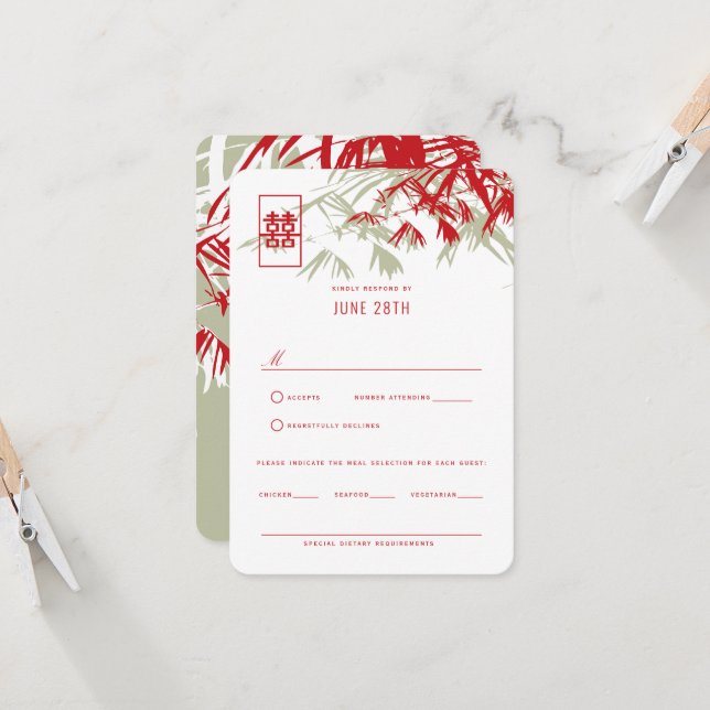 Convite Red & Moss Cinza Bamboo deixa RSVP de Casamento Ch (Frente/Verso In Situ)