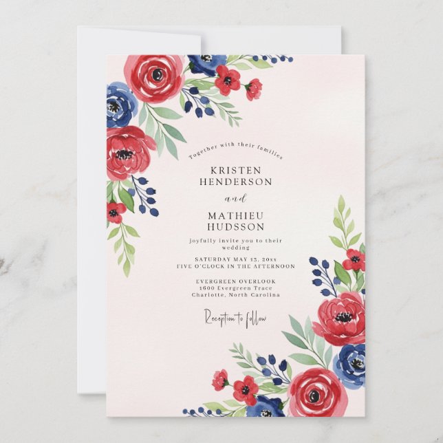 Convite Red Navy Blue Watercolor Summer Wedding (Frente)