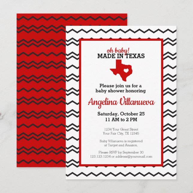 Convite Red Oh Baby! Chevron Made in Texas Chá (Frente/Verso)