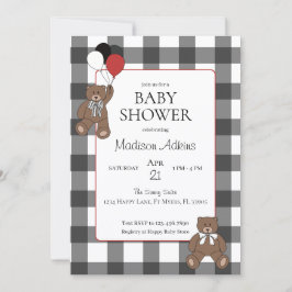 Convite Red on Black Buffalo Check Teddy Bears Baby Shower