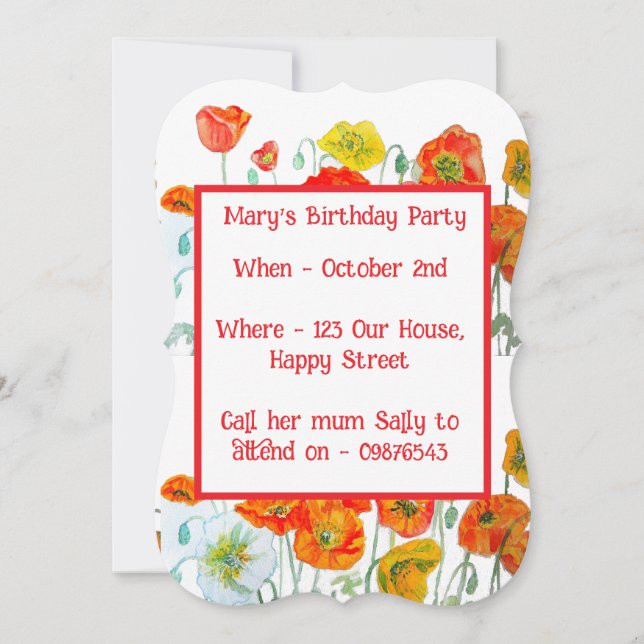 Convite Red Orange Poppies Floral Girl Birthday Invitation (Frente)