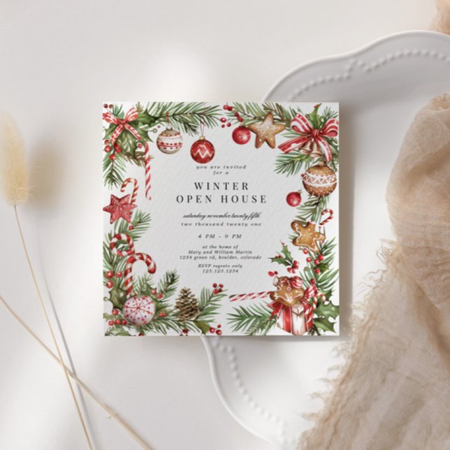Convite Red Ornaments Greenerence Border Square Open House (Criador carregado)