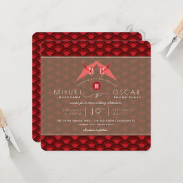 Convite Red Paper Gruas Red Scallop Padrão Casamento Asiát