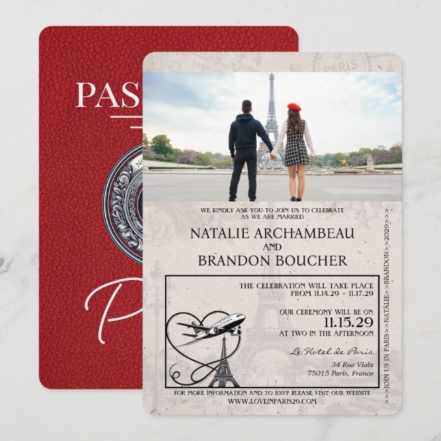 Convite Red Paris Passport Wedding (Frente/Verso)