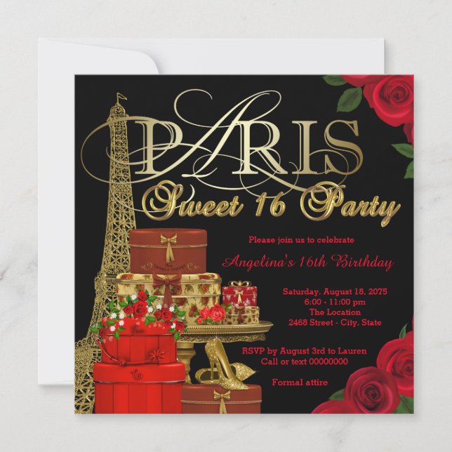 Convite Red Paris Sweet 16 Party (Frente)